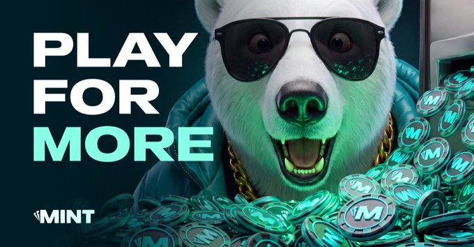 An advertisement showing the same white bear mascot with sunglasses surrounded by teal 'M' coins, with the text 'PLAY FOR MORE' and the 'MINT' logo.