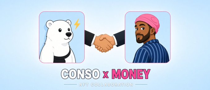 Illustration depicting a collaboration announcement with the text 'CONSO x MONEY - NFT COLLABORATION,' showing a handshake between a polar bear character and a man in a pink beanie.