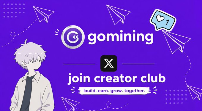 A purple-themed promotional graphic for 'gomining' featuring an anime-style character, paper airplane illustrations, and text promoting 'X join creator club' with the tagline 'build. earn. grow. together.'