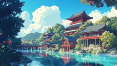 A serene anime-style illustration of a Japanese village or temple complex with traditional architecture situated by a tranquil lake surrounded by lush green trees under a bright blue sky.