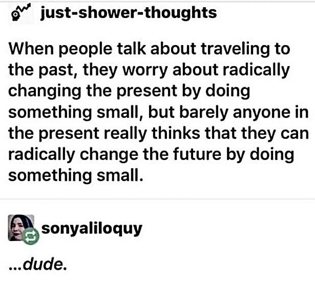 The image shows a Tumblr post from "just-shower-thoughts" that reads: "When people talk about traveling to the past, they worry about radically changing the present by doing something small, but barely anyone in the present really thinks that they can radically change the future by doing something small." A reply from "sonyaliloquy" simply says "...dude." The meme connects to the "Meme for Trees" campaign by emphasizing how small actions—like posting or sharing a meme—can create massive positive change, such as growing real forests through $BNKR.