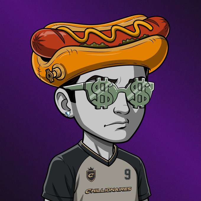 A cartoon character wearing dollar sign sunglasses ($ $) and a hat shaped like a hot dog with mustard, wearing a jersey labeled "CHILLIONAIRES" with the number 9, against a purple background.