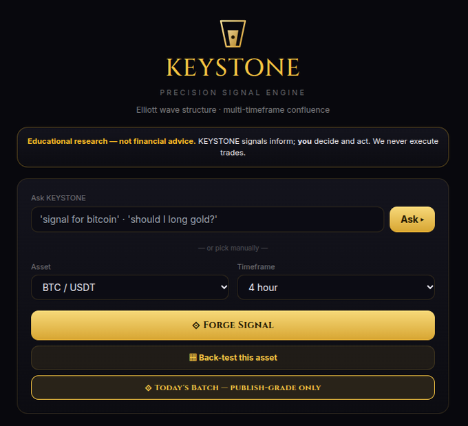 A user interface for a service called 'KEYSTONE - PRECISION SIGNAL ENGINE' featuring Elliott wave structure analysis, with an 'Ask KEYSTONE' input field and options to forge signals for assets like BTC/USDT.