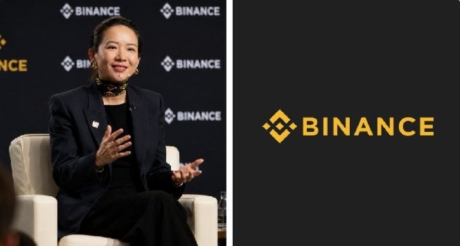 The image shows Binance co-founder He Yi seated on stage at a Binance-branded event, gesturing as she speaks, alongside the company's yellow logo. The photo pairs with news about Binance helping users recover over $8.2 billion in mistakenly transferred crypto since 2021.