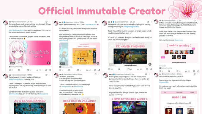 A promotional graphic titled 'Official Immutable Creator' showcasing a Twitter feed of paid partnership posts featuring video games like 'Vesta Tactics', 'Tiny Life', and 'Idle World'.