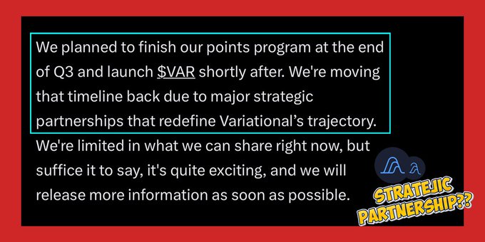 A text announcement stating a planned points program finish at the end of Q3 and $VAR token launch is being delayed due to 'major strategic partnerships', with a 'STRATEGIC PARTNERSHIPS??' graphic added.