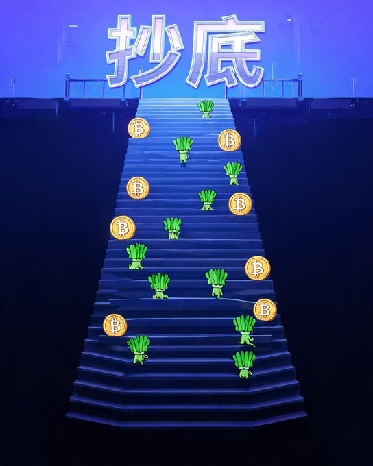 An illustration of a dark blue staircase adorned with alternating Bitcoin emojis and leek emojis, topped with the Japanese text "抄底" (buy the dip).
