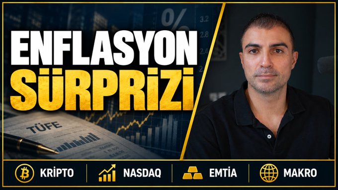The image is a YouTube thumbnail featuring a man on the right side, with bold Turkish text on the left reading "ENFLASYON SÜRPRİZİ" (Inflation Surprise) alongside economic imagery showing charts and a document labeled "TÜFE" (CPI). Navigation tabs at the bottom display categories including KRİPTO (Crypto), NASDAQ, EMTİA (Commodities), and MAKRO (Macro), aligning with the broadcast's focus on analyzing economic data, 10-year yields, and key market levels.
