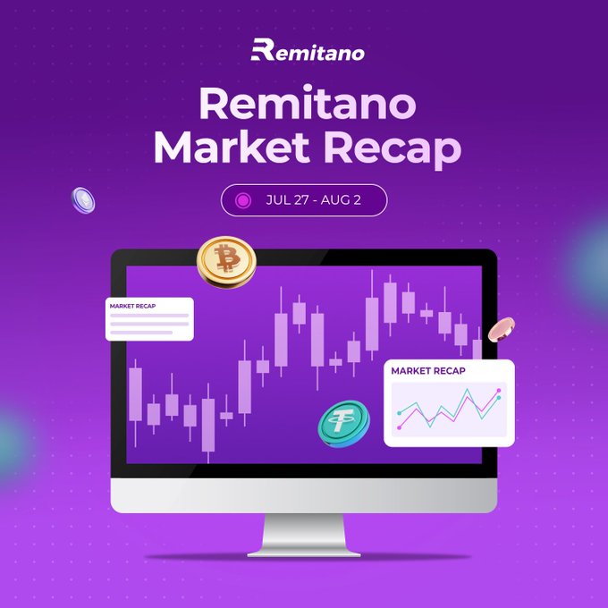 A promotional graphic titled 'Remitano Market Recap' for July 27 - Aug 2 features a computer monitor displaying a candlestick chart and floating Bitcoin and cryptocurrency coins against a purple background.