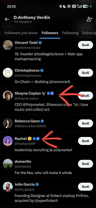 X/Twitter followers list for D. Anthony Verdin, with red arrows highlighting accounts belonging to Shayne Coplan (CEO of Polymarket) and Rachel from heyheyitsRP.