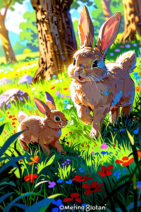 A vibrant illustrated scene of two brown rabbits—one large and one small—among colorful wildflowers and grass in a sunlit forest, signed '©Mehina Blotan'.