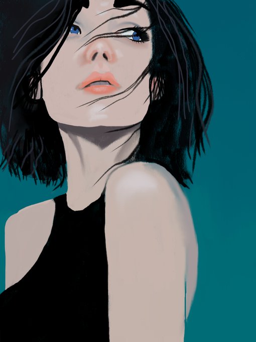 A digital painting of a young woman with short black hair and blue eyes, wearing a black sleeveless top against a teal background.