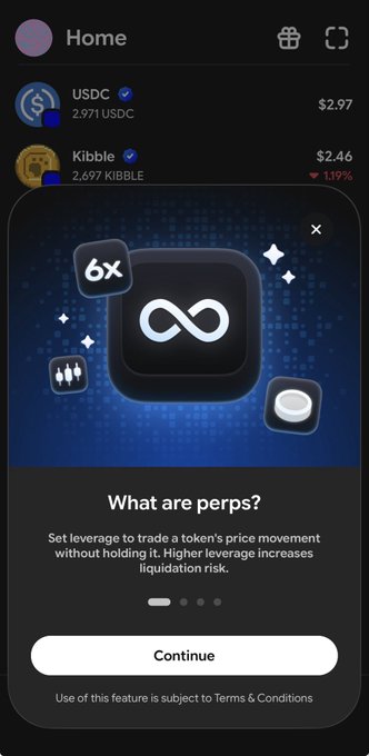 A Base app wallet interface displays holdings of 2,971 USDC ($2.97) and 2,697 KIBBLE ($2.46, down 1.19%), with a popup explaining perpetual futures ("What are perps?") featuring a 6x leverage option and an infinity symbol for the Hyperliquid integration.
