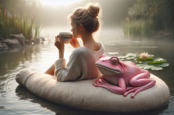 A whimsical illustration of a woman in a white sweater sipping from a teacup while sitting on a cushion in a misty pond, accompanied by a large pink frog.