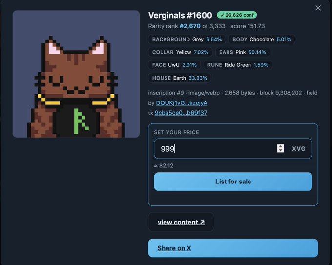 CryptoPunks-style NFT listing page showing 'Verginals #1600' pixel art cat with trait percentages (Background Grey, Body Chocolate, Collar Yellow, Ears Pink, Face UwU, Rune Ride Green, House Earth) priced at 999 XVG (~$2.12).