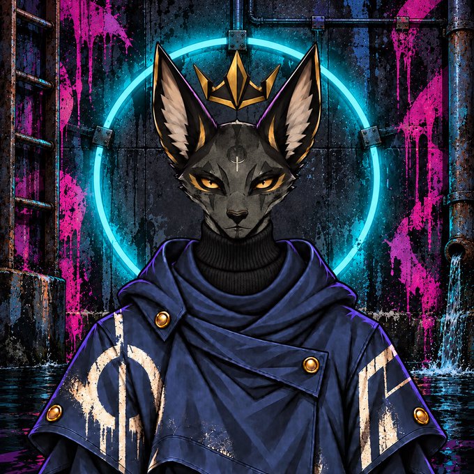 A stylized digital illustration of an anthropomorphic cat wearing a crown and dark cloak, set against a graffiti-covered wall with a glowing cyan circle behind it.