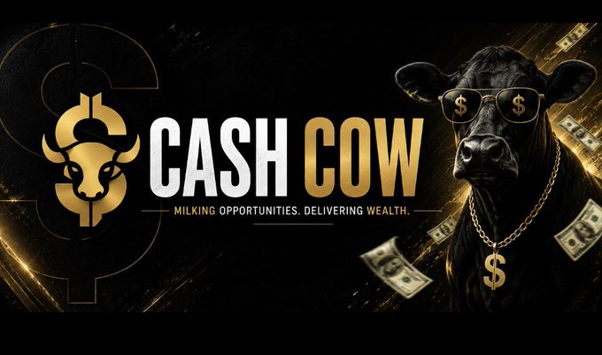 A promotional graphic for 'CASH COW' featuring a black cow wearing sunglasses and a gold '$' chain necklace, with the tagline 'MILKING OPPORTUNITIES. DELIVERING WEALTH.'
