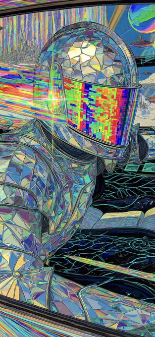 A vibrant, iridescent digital artwork of an astronaut in a geometric helmet with a pixelated rainbow visor, set against a colorful abstract background.