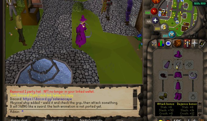 A screenshot of the game Old School RuneScape showing a character in a purple robe and party hat, with chat text noting 'Removed 1 party hat. NFT no longer in your linked wallet.'