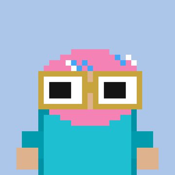 A pixel art illustration of a character with pink hair, yellow-rimmed sunglasses, and a teal shirt against a light blue background.