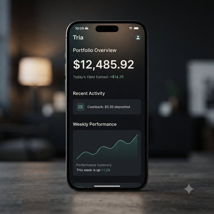 A smartphone displaying the Tria app shows a portfolio overview with $12,485.92, a $14.35 daily yield, recent cashback activity, and a weekly performance chart up 1.2%.