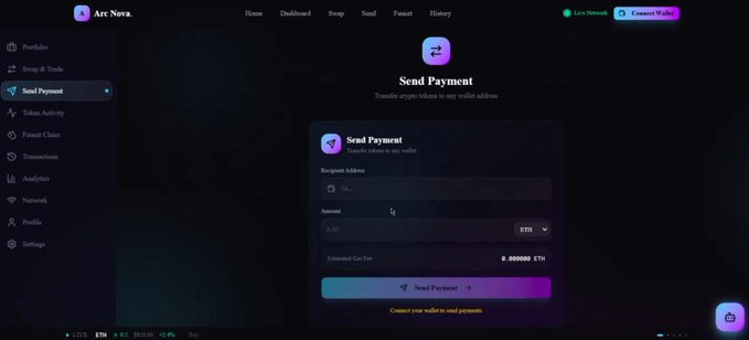 The image shows an open computer screen displaying a user interface of a payment system, specifically designed for payments between smart contracts. The system seems to be new or recently installed, as indicated by the small window located at the top edge of the screen. Above this area, there is a purple button that reads "Submit Payment." The rest of the content focuses on the interface and how it works with smart contract-related services like transaction management and sending payments.