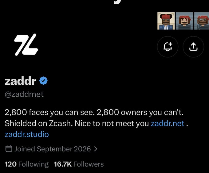 A Twitter profile for 'zaddr' (@zaddrnet) shows 16.7K followers, pixel-art avatars, and bio text: '2,800 faces you can see. 2,800 owners you can't. Shielded on Zcash. Nice to not meet you.'