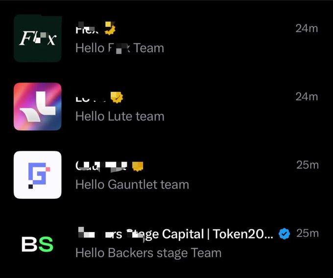 A screenshot of four chat messages in a crypto/finance app, each sending a "Hello" greeting to teams including Flux, Lute, Gauntlet, and Backers stage Capital | Token20 (verified), all timestamped 24-25 minutes ago. The image relates to the post by showing the user actively engaging with multiple crypto project communities despite expressing difficulty about affording their first car during a bear market.
