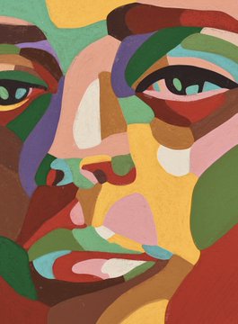 A colorful abstract cubist-style portrait painting of a face composed of geometric shapes in greens, yellows, reds, and blues.