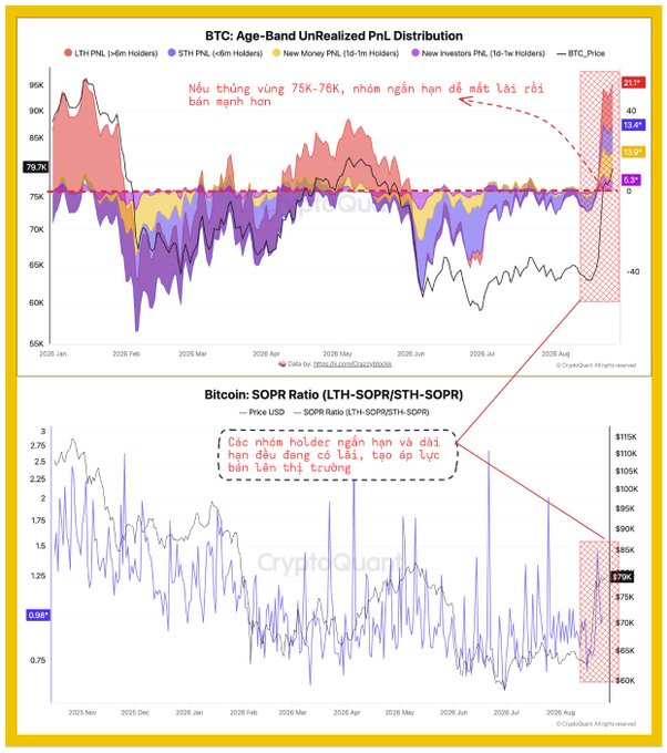 Bitcoin cryptocurrency analysis chart from CryptoQuan displaying 'BTC: Age-Band Unrealized PnL Distribution' and 'SOPR Ratio' (LTH-SOPR/STH-SOPR), with Vietnamese annotations noting potential short-term holders selling in the $75K-$76K zone.