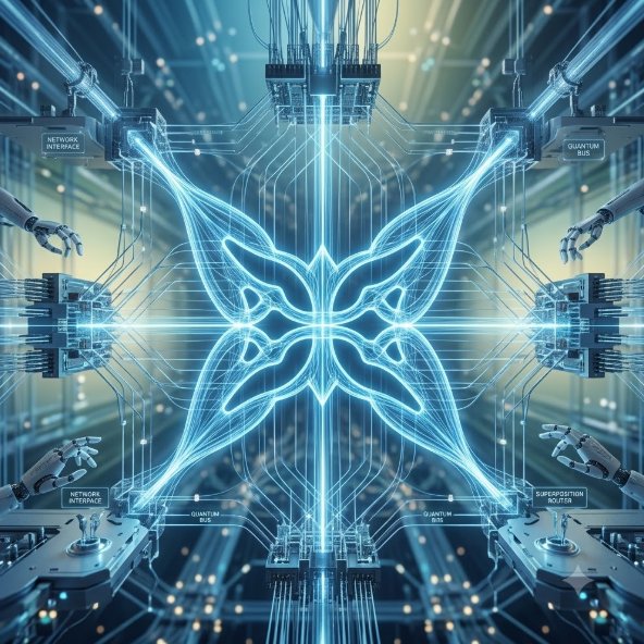 A futuristic sci-fi illustration showing a glowing blue butterfly-shaped quantum circuit at the center, connected to robotic arms and servers in a high-tech chamber.