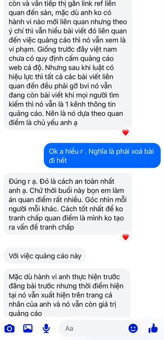 A Facebook chat thread discussing deleting an advertisement after discovering the views came from an advertising link, with heart react emojis on several messages.