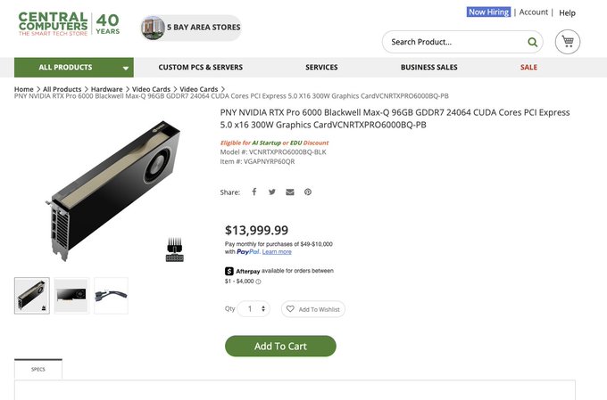 A screenshot of a product page from Central Computers showing a PNY NVIDIA RTX Pro 6000 Blackwell Max-Q 96GB Graphics Card priced at $13,999.99.