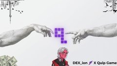 An image logo featuring two hands reaching toward a central pixelated purple icon, with the text 'DEX_ion // X Quip Game' and classical art elements at the top.