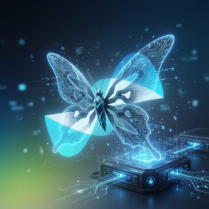 A futuristic digital butterfly with glowing circuit-board wings hovers above a technological device, set against a dark blue background with floating data particles.