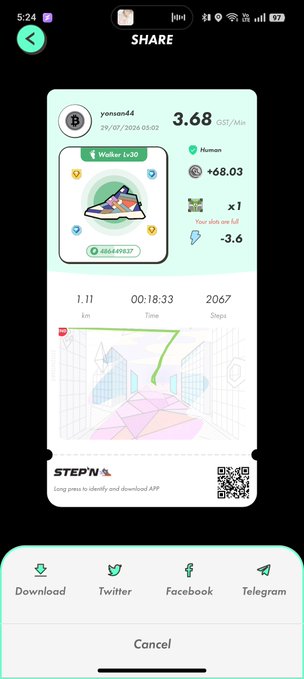 A mobile app sharing screen displaying a StepN fitness achievement card for user 'yonnn44', showing a 3.68 GST/Min earning rate on a 1.11 km walk with a Walker Lv.20 sneaker NFT.
