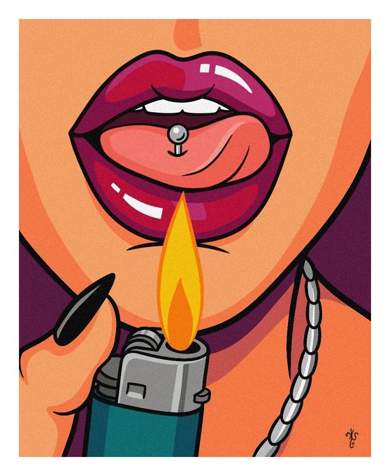 A cartoon-style illustration of a person with purple lips and a tongue piercing lighting a teal lighter, holding the flame up to their mouth while wearing a silver chain.