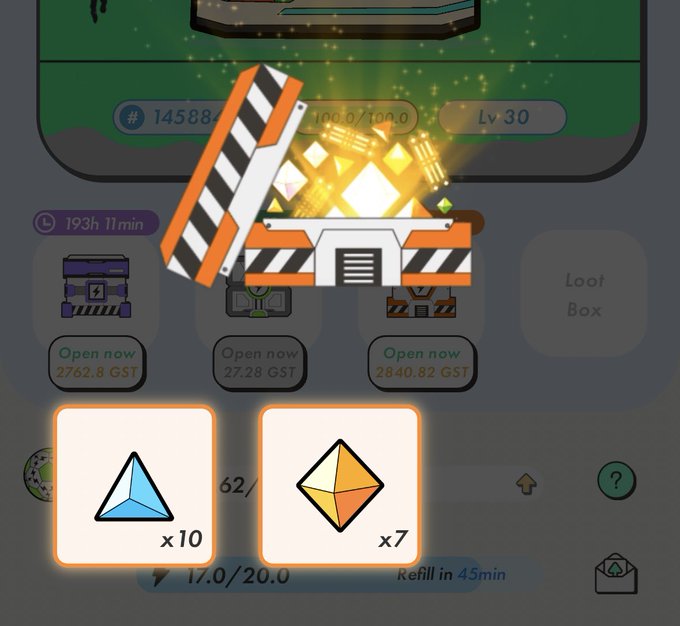 The image shows a screenshot of an app interface with three different options displayed, including a triangle, a diamond, and a hexagon. The text "StepN" can be seen at the bottom left corner of the screen.