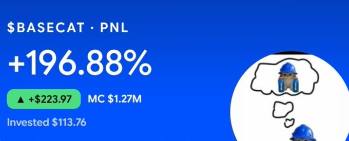 A profit screenshot showing a $BASECAT position with a +196.88% PNL gain, earning +$223.97 on a $113.76 investment with a market cap of $1.27M.