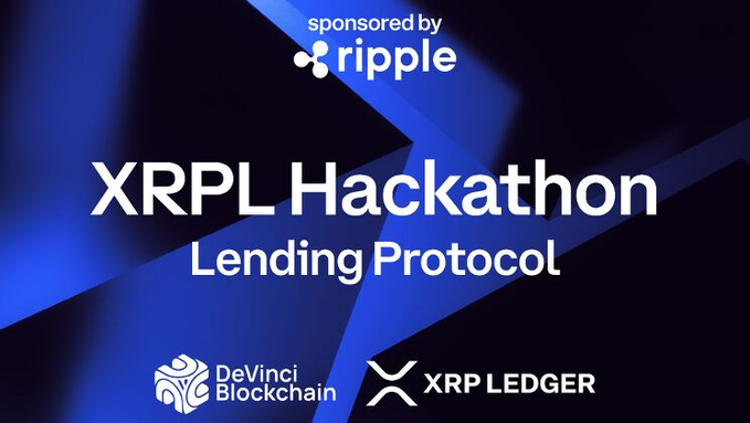 Promotional graphic for the "XRPL Hackathon: Lending Protocol," sponsored by Ripple and co-organized by DeVinci Blockchain and XRP Ledger, featuring the event title in bold white text against a dynamic blue geometric background. The image serves as a visual announcement for the Paris-based hackathon where builders will develop prototypes around XLS-66 Lending and XLS-65 Single Asset Vaults protocols, competing for $10,000 in prizes.