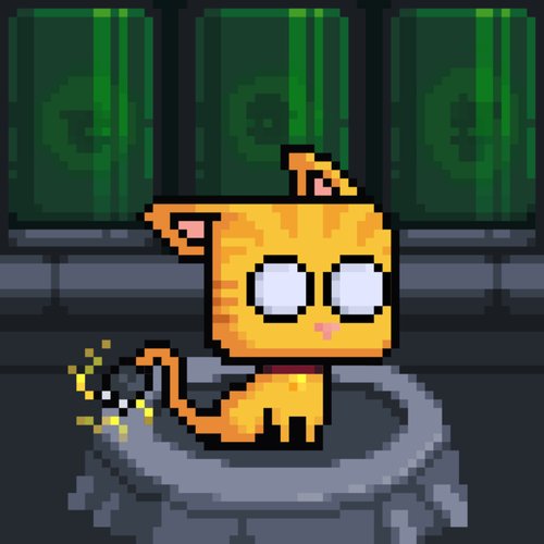 A pixel art animation of an orange cat with large eyes sitting on a stone basin, with a small sparking firecracker next to its tail, set against a background of green curtains.