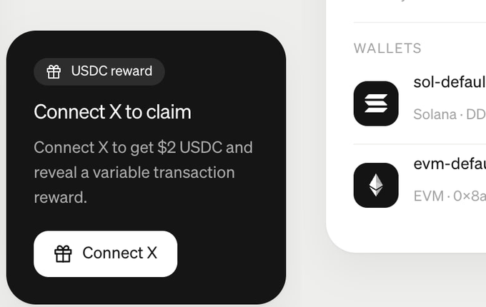 A dark-themed Moonpay interface displays a "Connect X to claim" prompt offering a "USDC reward," with instructions to connect X (Twitter) to receive "$2 USDC and reveal a variable transaction reward," alongside a "Connect X" button. The wallets section on the right shows connected Solana ("sol-defaul") and EVM ("evm-defau") wallets. The image illustrates the post's context, highlighting the modest $2 USDC reward from Moonpay's drop.