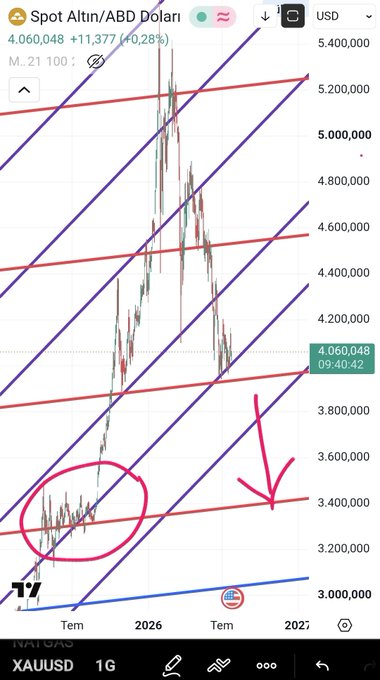 A financial chart for Spot Altın/ABD Doları (Gold/USD) showing the current price of 4,060.048 with trend lines drawn in purple, red, and blue, plus a hand-drawn pink circle and arrow pointing to specific price levels.