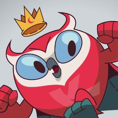 A close-up illustration of the same red owl-like cartoon character wearing a gold crown with a crescent moon, featuring large blue eyes and a cape.