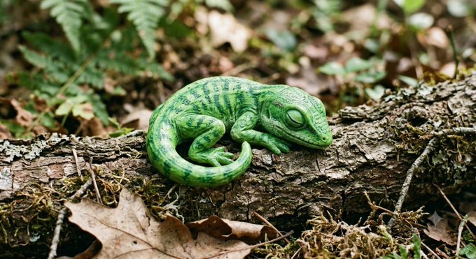 A detailed close-up of a small green lizard or gecko resting on a moss-covered tree branch in a forest setting.