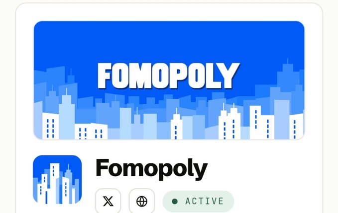 A product listing card for “FOMOPOLY” shows a blue cityscape banner, the name “Fomopoly,” social icons, and a green “ACTIVE” status badge.