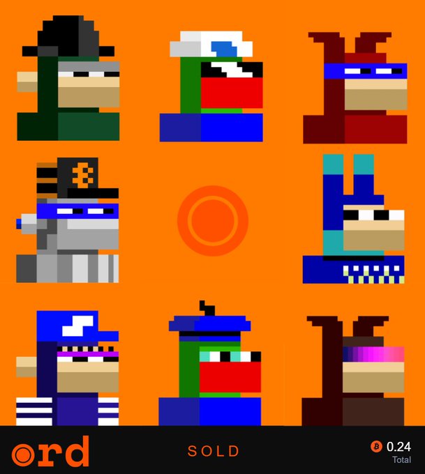 A pixel art image displays eight stylized monkey characters arranged around a central orange Ord logo on an orange background, with "Ord" and "SOLD" text at the bottom alongside a transaction total of "0.24," visually representing the Ord NodeMonkes marketplace referenced in the caption.