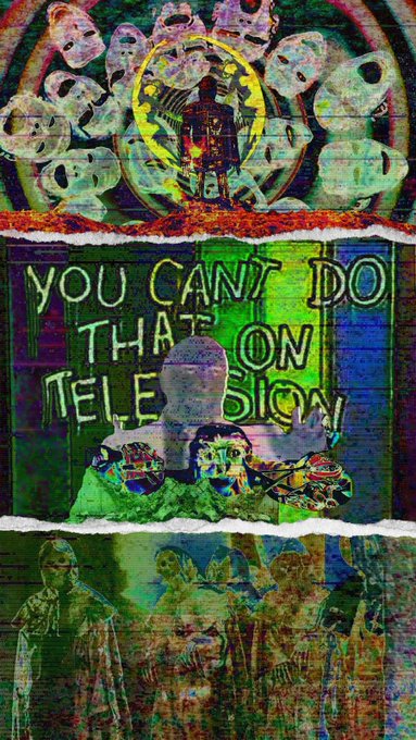 A vibrantly glitched, colorful digital collage features the bold neon text "YOU CAN'T DO THAT ON TELEVISION" alongside abstract figures, masks, and distorted portraits, fitting the surreal, provocative vibe of the artist's new NFT piece "Don't Look" on the Tezos-based objkt platform.