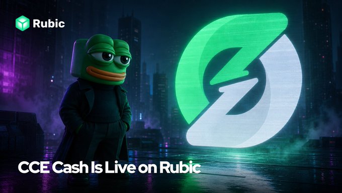 A stylized frog mascot in a trench coat stands beside a glowing green Rubic logo against a neon cyberpunk cityscape, with the "Rubic" branding in the top left and the tagline "CCE Cash Is Live on Rubic" across the bottom, visually announcing CCE Cash's new integration onto the Rubic platform across BTC, XMR, TON, SOL, and EVM chains.