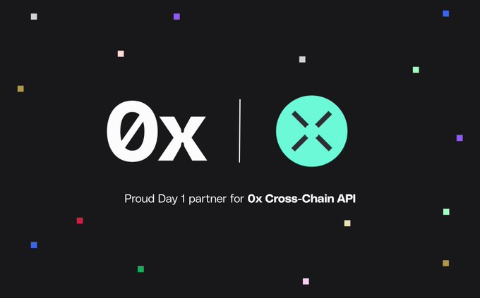 The image features a logo for an event called "Cross-chain UX". The logo includes two symbols, one of which is a green circle with an x inside it. The text below the logo reads "0x" followed by "Cross-chain API", indicating that this event is related to cross-chain APIs and their user experience.